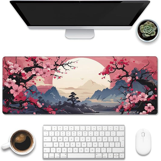 Eflxamz Pink Cherry Blossom Tree Desk Pad, Mountains and Sun Large Gaming Mouse Mat, Extended Big Computer Keyboard Pad With Non-Slip Base and Stitched Edge, 31.5"x11.8"