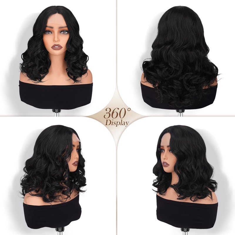 Sidaila Wigs for Women，Synthetic Lace Hairline Heat Resistant Body Wave Wig，14 Inch Shoulder Length Bob Style Wig Layered Natural Curly Hair Wigs for Women for Daily Party Use - 1B# Black