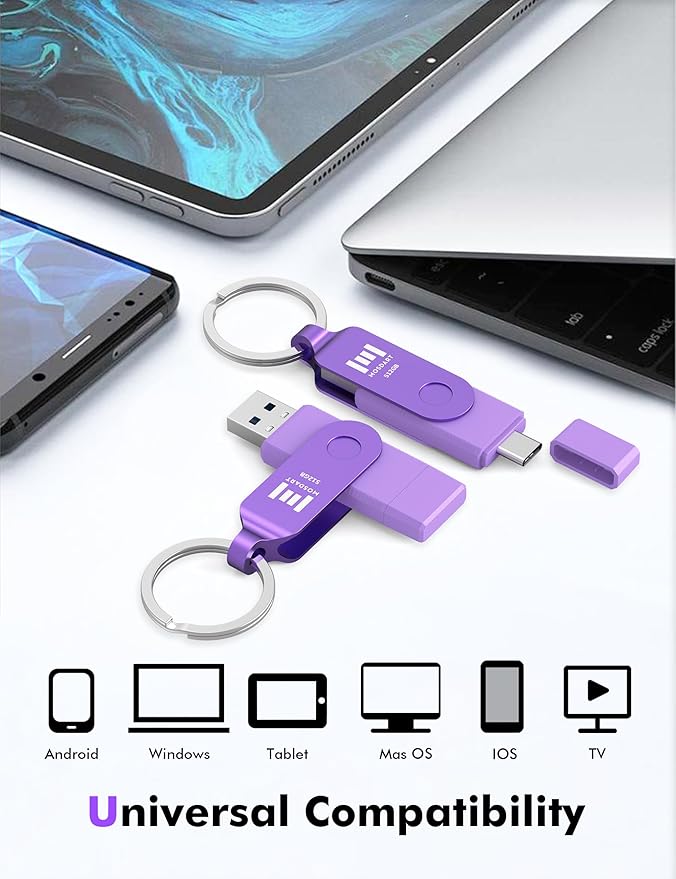 MOSDART 512GB USB C 3.2 Fast Speed C and A Dual Flash Drive, exFAT Memory Stick with Keychain and LED Indicator, for iPhone 15,16,17, Android Phone, iPad, MacBook, and Other Laptops, Purple