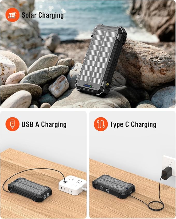Sudrov Solar Charger Power Bank, 20000mAh Wireless Portable Charger with USB-C in/Output, QC3.0 Fast Charging 15W 4 Ports Outdoor Battery Pack Built-in Dual Led Flashlights for iPhone Samsung etc