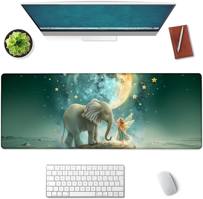 Mounidso Fairy and Elephant Large Mouse Pad, Gaming Mouse Pad, Keyboard Mat, Non-Slip Rubber Base, Office Accessories, Desk Mat, MousePads for School, Work, Home Decor Gifts 31.5" x 11.8"