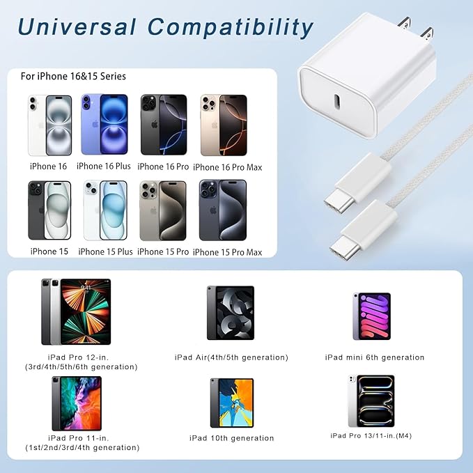iPhone 17 Charger 40-60W Foldable USB C Fast Charging Block Single Port Apple 40W Dynamic Power Adapter with 60W Max,Apple Charger for iPhone 17 Pro Max/Air/16/15/14/13/12/11 Series,iPad Pro Air Mini