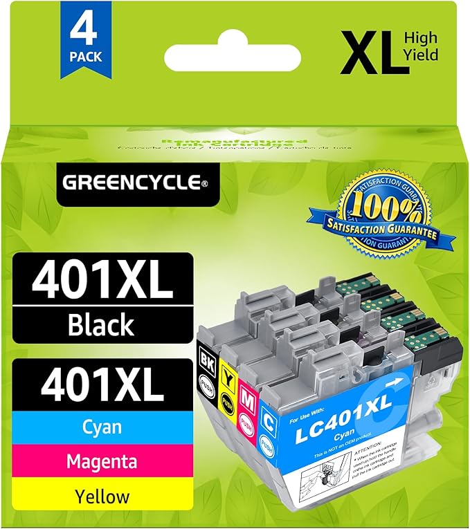 greencycle LC401XL Ink Cartridges for Brother Printer Replacement for LC401XL Ink Cartridges Black & Color 4 Pack Compatible with MFC-J1010DW MFC-J1170DW MFC-J1012DW MFC-J1800DW Printer