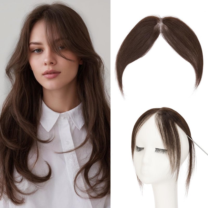 Benehair Clip on Bangs for Women Human Hair, Fake Bangs Clip Human hair, Middle Part Clip in Hair Extensions Hair Pieces with Temples for Daily Wear (Dark Brown)