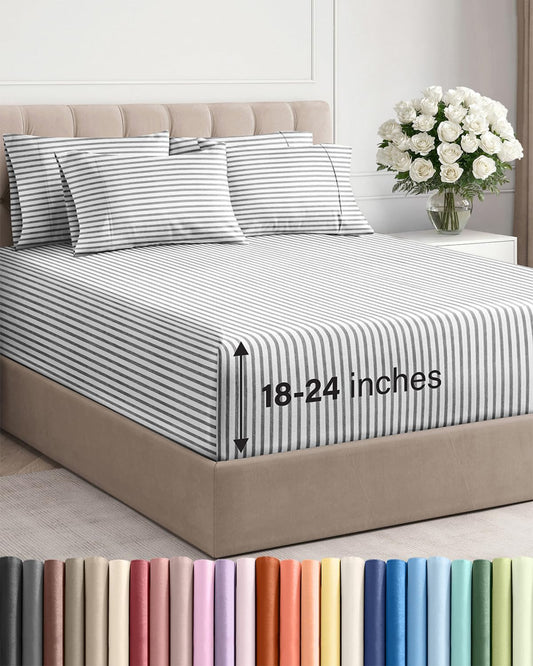 Skiennix Extra Deep Cal King Sheet Set - 6 Piece Breathable Cooling Bedding - Soft Wrinkle-Free Grey Stripes
