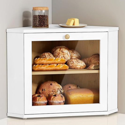 White Corner Bread Box for Kitchen Countertop, 2 Tier Breadbox for Sourdough Loaf, Modern Bread Storage Container for Island Counter Top Organizer, Cabinet Cupboard Pantry Shelf (Bamboo Wood)