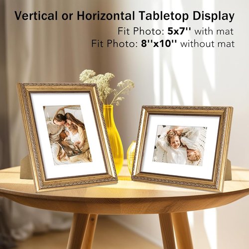 JCJMY Vintage Picture Frame - Elegant 8x10 Frame with 5x7 Mat | Shatter-Resistant Plexiglass, Gold Finish