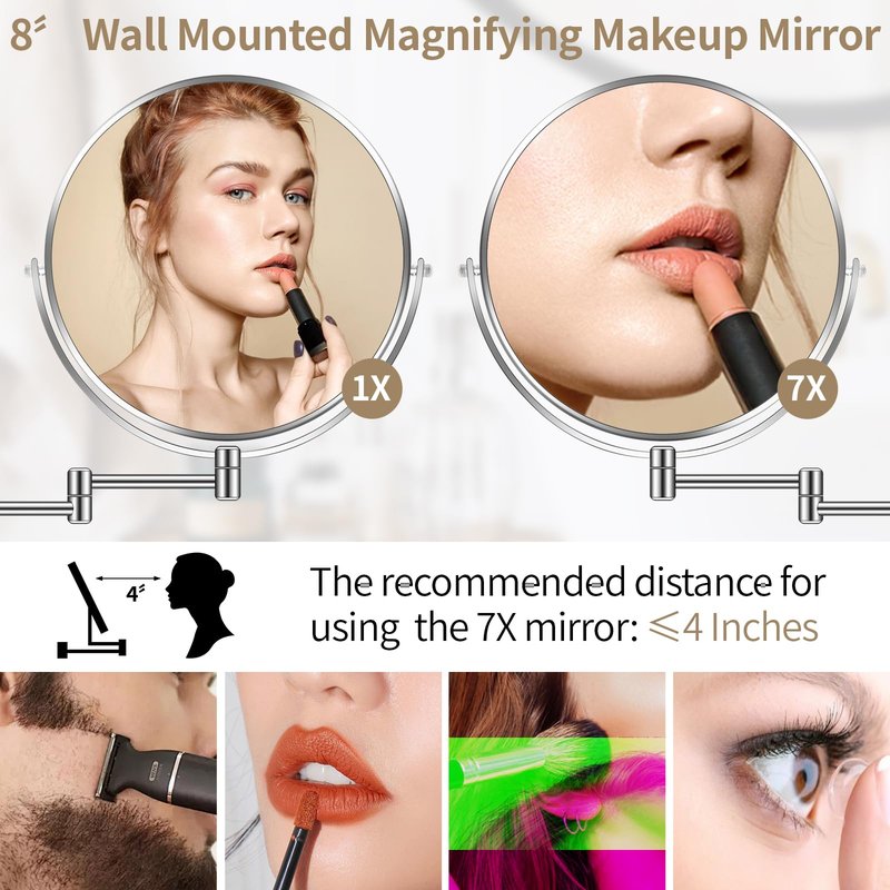 BTremary 8” Wall Mounted Magnifying Makeup Mirror 1X/7X Wall Mount Mirror Swing Arm Two-Sided 360° Swivel Bathroom Shaving Mirror for Men and Women in Hotel/Home, Chrome
