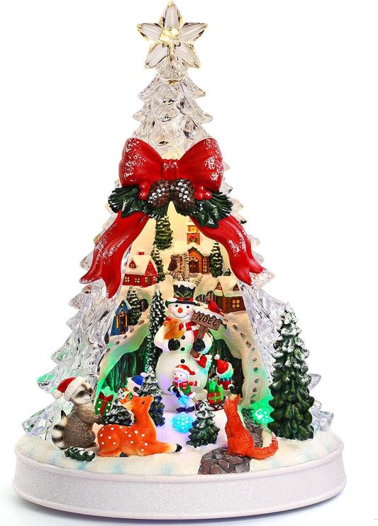 Priddop Christmas Village Scene - Animated Tree with Rotating Snowman & LED Lights | Collectible Holiday Decor