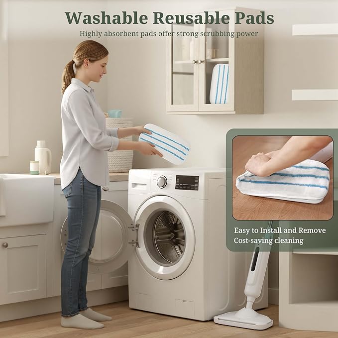 Steam Mop for Floor Cleaning, Lightweight Floor Steamer for Hardwood, Tile, Laminate & Carpet, Quick-Heat Steam Cleaner with Visible Water Tank and 2 Washable Pads, White and Grey