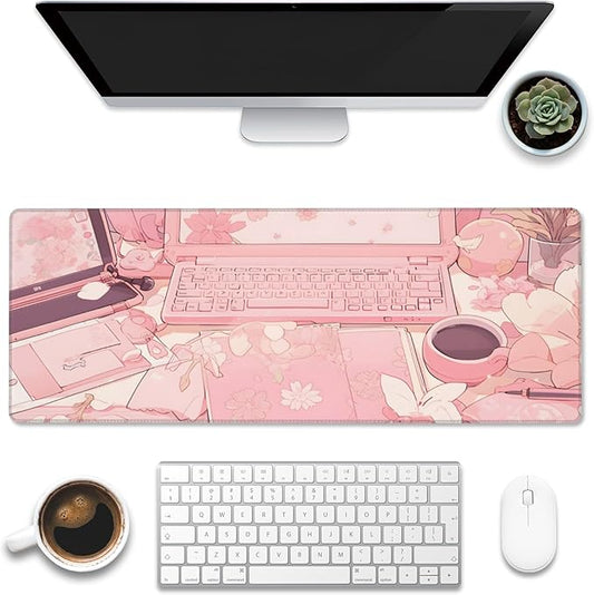 Eflxamz Large Gaming Mouse Pad for Desk,Pink Kawaii Anime Girl Desk Desk Mat,Kawaii Anime Desktop Desk Pad,Extended Big Computer Keyboard Mouse Pad with Non-Slip Base and Stitched Edge,31.5"x11.8"