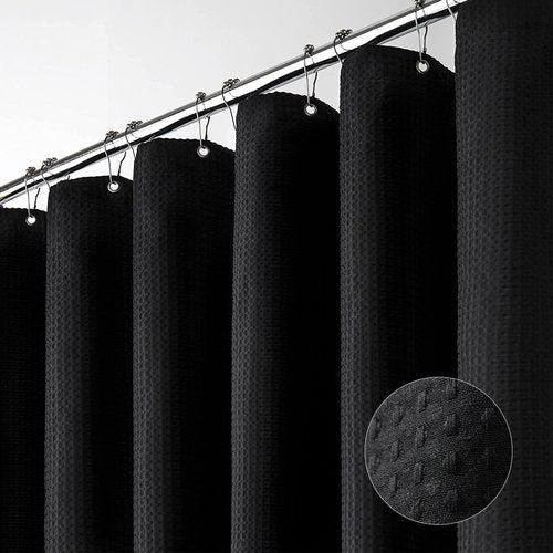 Dynamene Stall Fabric Shower Curtain - 48 inch Wide Waffle Weave Weighted Thick Cloth Shower Curtains for Bathroom, Neutral Heavy Duty Hotel Spa Luxury Bath Curtain Set with 8 Hooks, 48x72, Black
