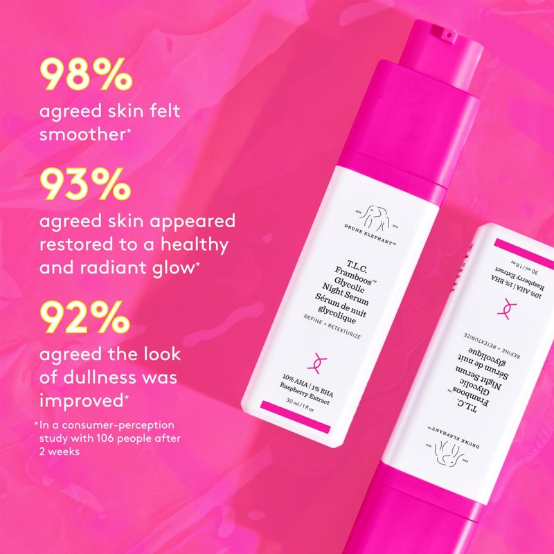 Drunk Elephant T.L.C. Framboos Glycolic Serum - 30 ml/1 fl oz - Exfoliating AHA Serum - Clean Clinical Skincare - Cruelty-Free - Dermatologist-Tested - Free of Essential Oils, Silicones, and Fragrance