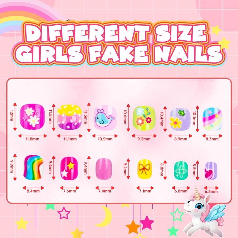 Kids Press-On Nails - 144 Pieces Full Cover Short Acrylic Nail Art Kits for Girls | Cute Patterns