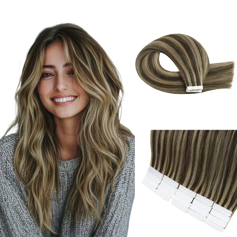 GEELOOK Tape in Hair Extensions Human Hair 20 inch Skin Weft Tape in Straight Thick Natural Hair Extensions with 12 Pieces Replacement Tape 20pcs 50g Chocolate Brown/Light Blonde #4/27