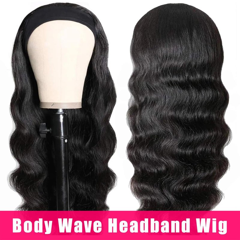 Headband Wig Human Hair Body Wave Headband Wigs None Lace Front Half Wig Glueless Virgin Brazilian Body Wave Machine Made Wigs for Black Women Brazilian Virgin Human Hair 16 Inch Natural Color