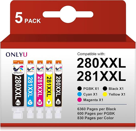 ONLYU 280XXL 281XXL Compatible for Canon Ink 280 and 281 Cartridges PGI-280XXL CLI-281XXL for Canon TR8620a Ink Cartridges for Pixma TR8620 TR8620a TS6320 TR7520 TS6120 TS6220 TS8220 TS9520 (5 Pack)