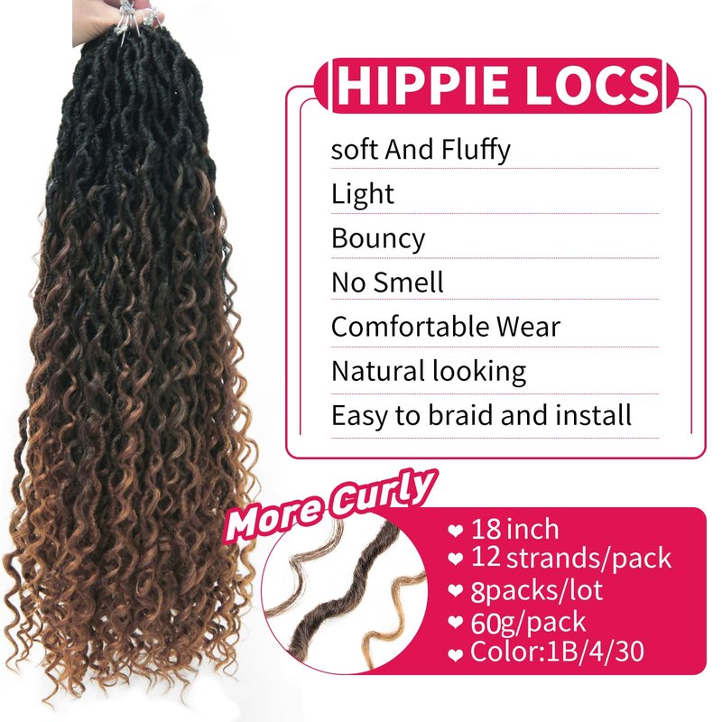 8Packs Goddess Locs Crochet Hair 18Inch Crochet Locs,Boho Faux Locs With Curly Ends River Hippie Locs Bohemian Locs Crochet Braids(1B/4/30, 18inch(Pack of 8))