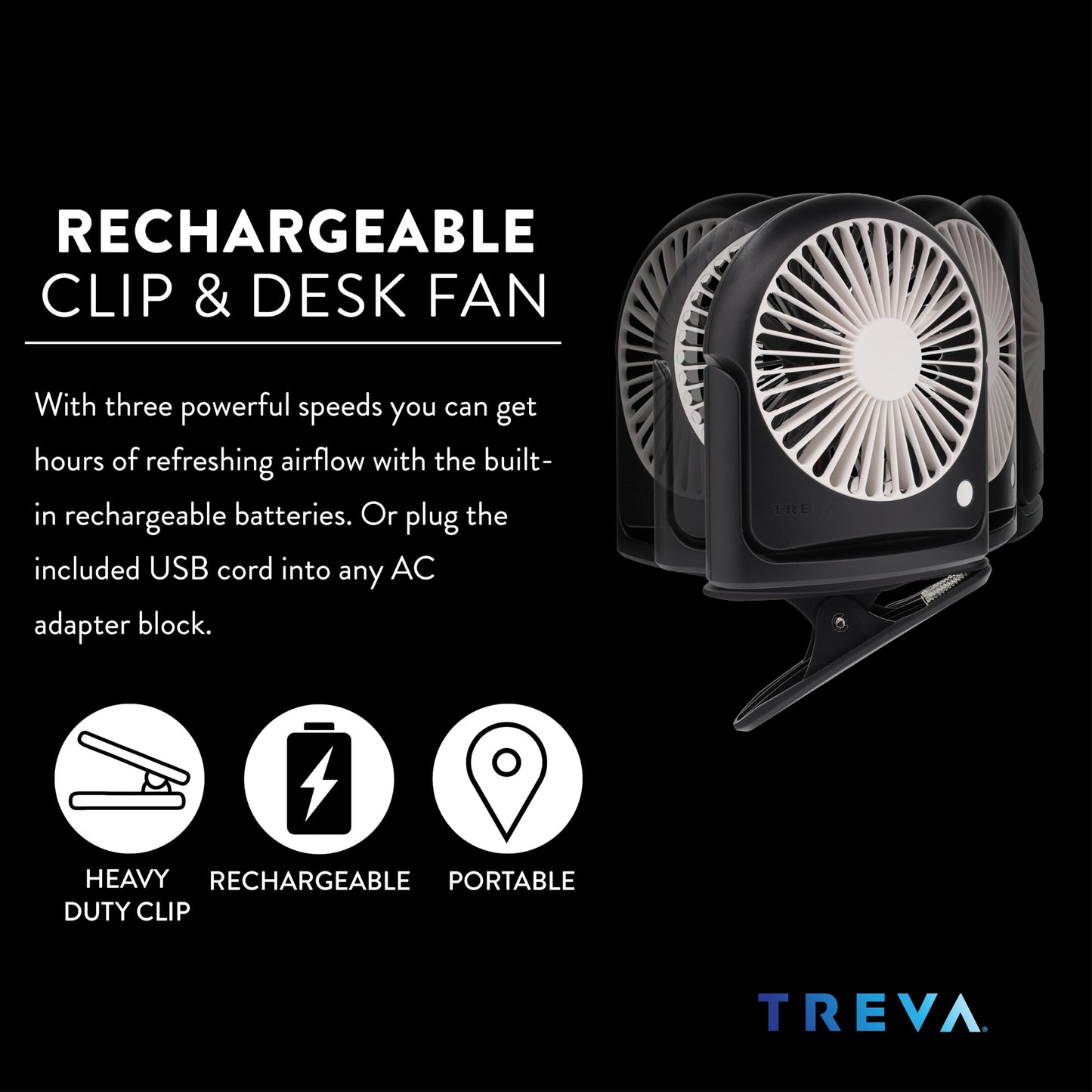 Treva 5 Inch Rechargeable Powered Clip Fan 3 Speed Slim and Portable Indoor and Outdoor Cooling Multi-Directional