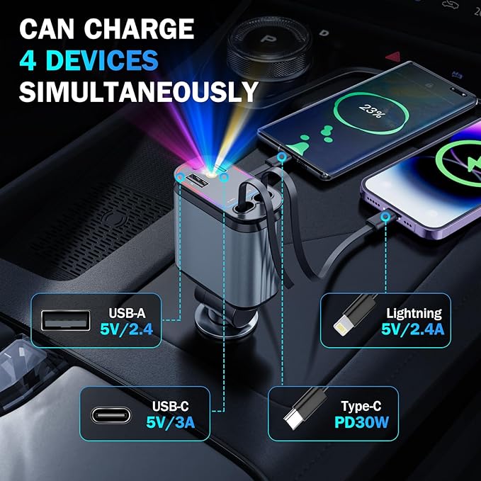 4 in 1 Retractable Car Chargers with Starlight, 66W USB C Fast Car Charger Adapter with 2 USB Ports Car Phone Chargers for All iPhone 16/15/14/13/12/11 and for All Android (Dark Grey - RedLight)