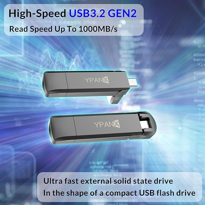 YPANX 512GB Pro Portable SSD, 1000MB/s Speed, USB 3.2 Gen 2 + Type C Dual-Port, Lightweight External SSD for iPhone 15/16/17/Pro/Pro Max, Android, Windows, Mac, Tablets
