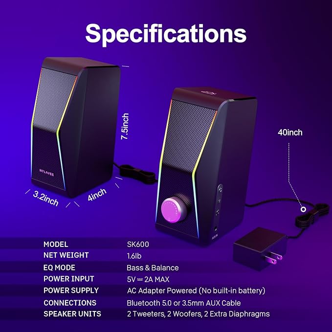 Nylavee Computer Speakers, Bluetooth 5.0 Hi-Fi Stereo PC Speakers, 4 Dynamic Lighting Modes, AC Adapter Powered and 3.5mm AUX-in Computer Speakers for Desktop PC, Monitor, Laptop, Tablet, Phone