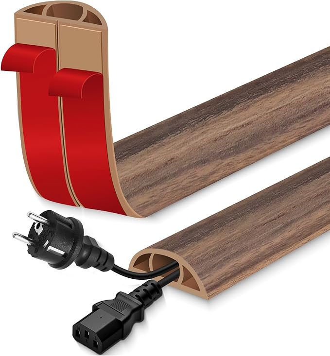 Floor Cord Cover for Wires on Floor Self Adhesive Cord Hider Floor Cable Management Wire Covers for Cords Protector Prevent Cable Trips Cord Cavity W 0.51" x H 0.31", Misty Brown Wood, 10Ft