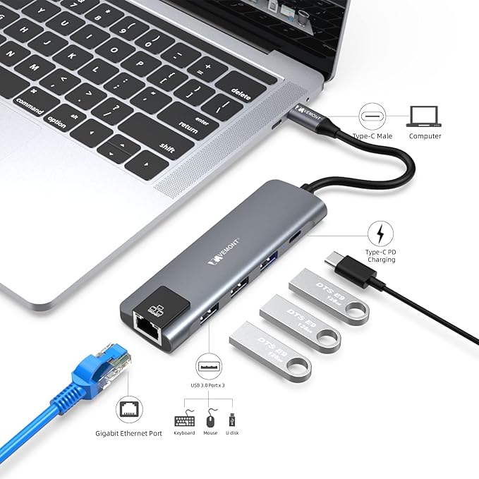 VEMONT 5-in-1 USB C Hub Multiport Adapter, Gigabit Ethernet, 3 USB 3.0 Ports, 100W PD Charging Docking Station Compatible with MacBook iPad Laptop All Type C Devices