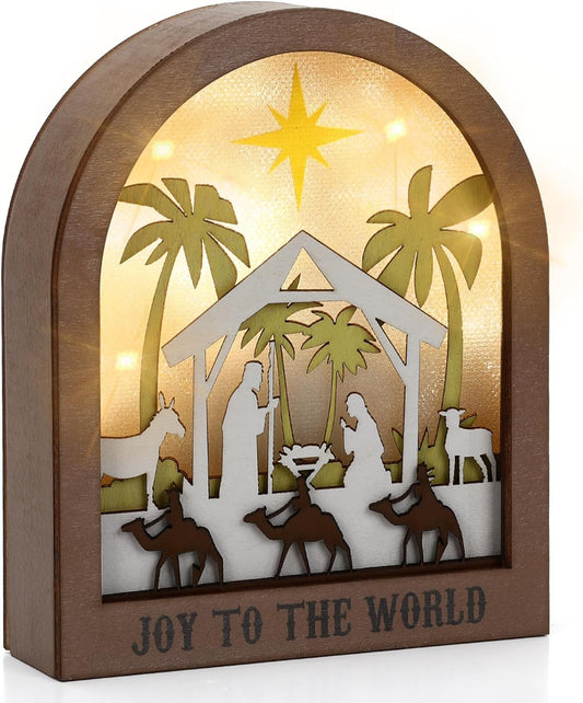 Wooden Nativity Scene - LED Christmas Decor with Acrylic Back Panel | Battery-Powered Tabletop Ornament