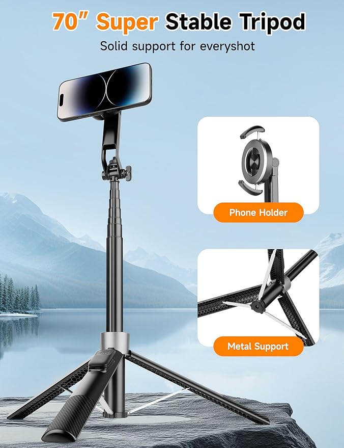70" Magnetic Phone Tripod, Selfie Stick Tripod for iPhone MagSafe & Camera with Rechargeable Remote & 2 in 1 Magnetic Holder, 360° Rotatable Portable Cell Phone Stand for Travel Vlog Video Recording