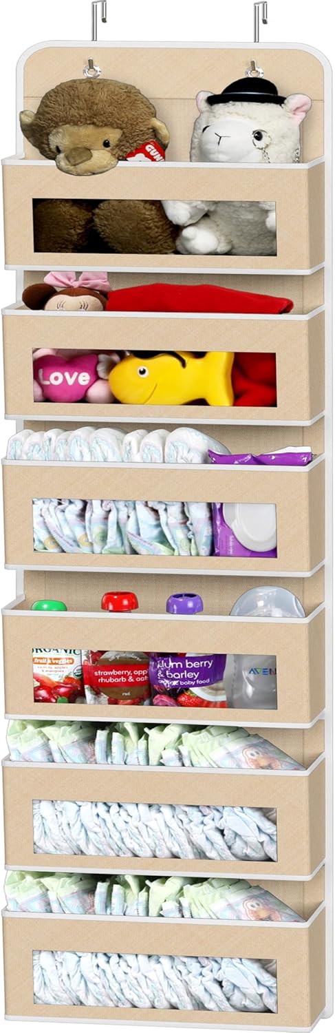 Simple Houseware 6 Pocket Over Door Hanging Organizer - Clear Window Design for Bedroom, Bathroom, Pantry | Beige
