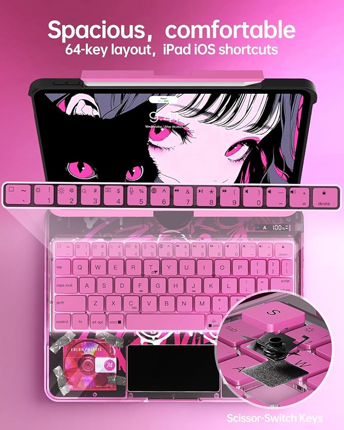 Intermerge Transparent Keyboard Case for iPad Pro 11"(M5,2025/ M4,2024), 360° Rotating Multi-Touch Trackpad, 7-Color Backlit Keyboard, Pencil Holder, Type-C Charging, Blush Pulse