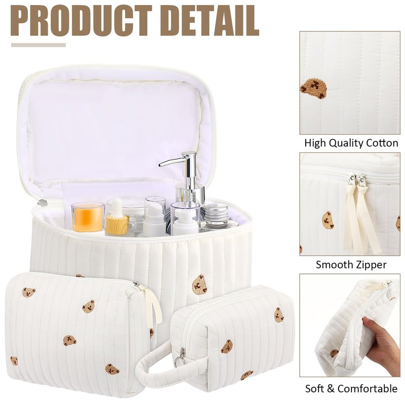 Paterr Makeup Bag Set 3 Pcs Large Quilted Cotton Make up Bags for Women Cosmetic Travel Toiletry Organizer Pouch Cute Aesthetic Storage Purse(White,Little Bear)