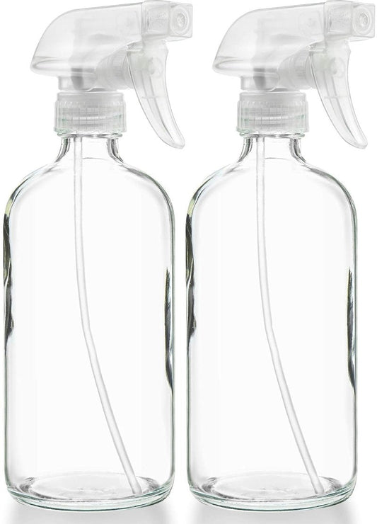 Clear Glass Spray Bottles - Refillable 16 oz Containers for Essential Oils, Cleaning, Aromatherapy | 2 Pack with Mist & Stream Sprayer