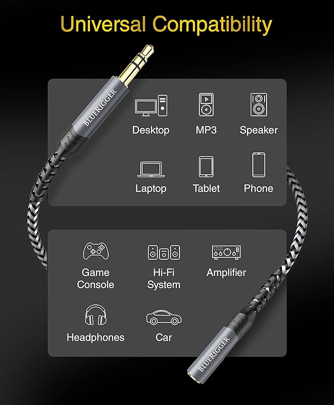 BlueRigger Headphone Extension Cable (10FT, 24K Gold Plated Jack, Hi-Fi Sound, 3.5mm Male to Female Stereo Audio Cable) – Aux Cord for iPod, Laptops, Smartphones, Speakers, Tablets, Home Car Stereo