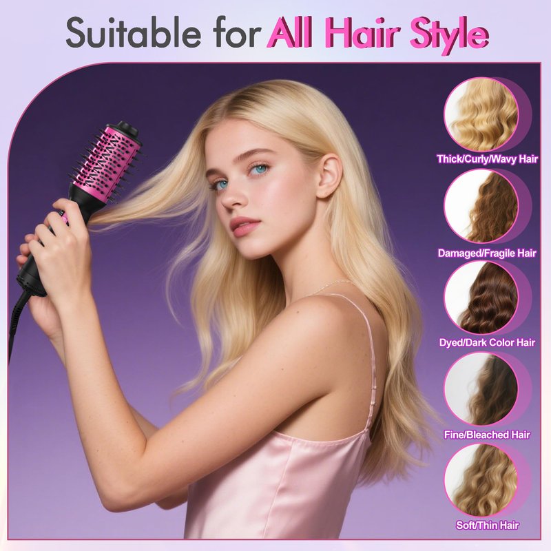 Dual Voltage Travel Hair Dryer Brush (100V-240V), Automatic Hot Air Brush with EU&UK Plug, 6 Inch Oval Barrel One Step Blow Dryer Brush and Negative Ion Anti-frizz Styling Brush（9″）