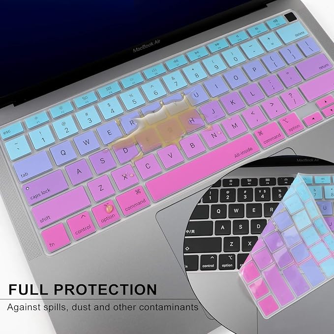 Allinside Soft Silicone Keyboard Cover for MacBook Air 13.3 inch (A2337 M1 A2179, 2021 2020) with Touch ID, Quiet Typing Keyboard Protector Skin, US Version, Ombre Blue Pink