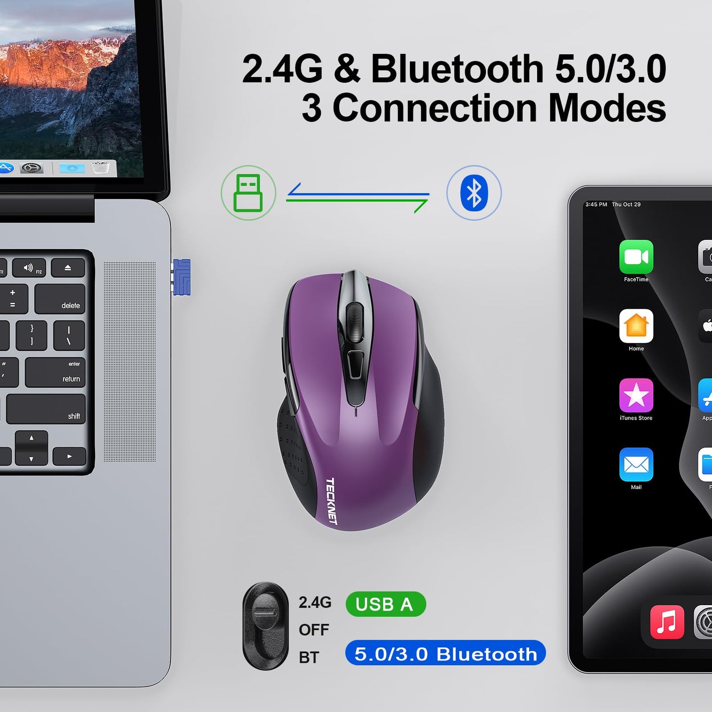 TECKNET Wireless Mouse (2.4G & BT5.0/3.0) Silent 4800 DPI Computer USB A & Bluetooth Mouse 6 Buttons, Wide Compatibility - Purple
