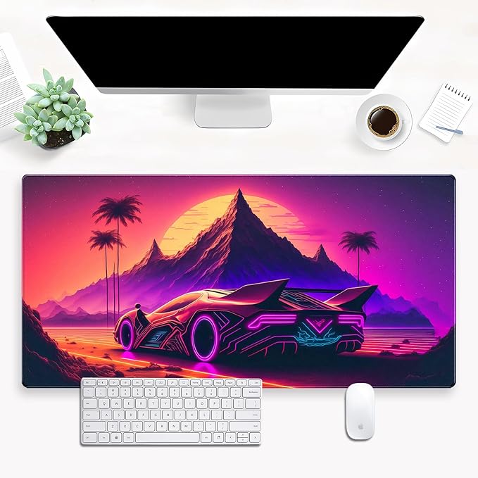 Synthwave Desk Mat, Retro Car XXL Large Gaming Mouse Pad 31.5x15.7 in