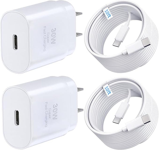 TT&C 2-Pack 30W USB C Charger Set (2X Mini Wall Blocks + 2X 10ft Extra Long Cables), Power PD 3.0 Fast Charging Compatible with iPhone 17, 17 Air, 16, 15, & for Samsung Galaxy S26, S25, White