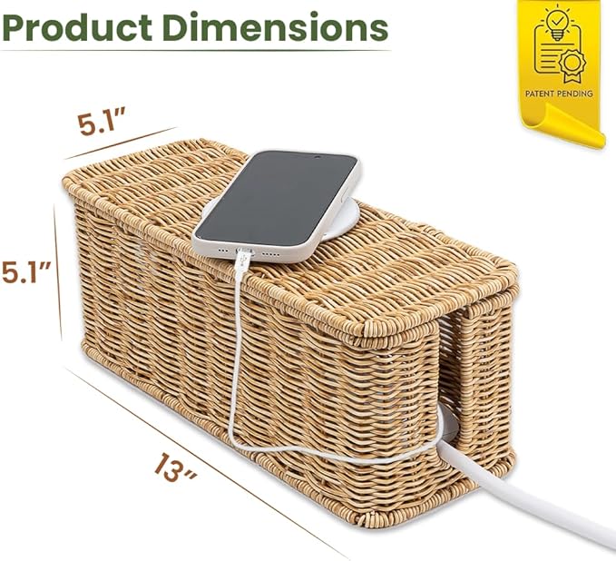 Cable Management Box, Handmade Rattan Cable Organizer with 2 Open Slots, Cord Hider for Power Strip, Router & USB Hub, Registered U.S. Design Patent (D1,112,102), 13" x 5.1" x 5.1", Natural