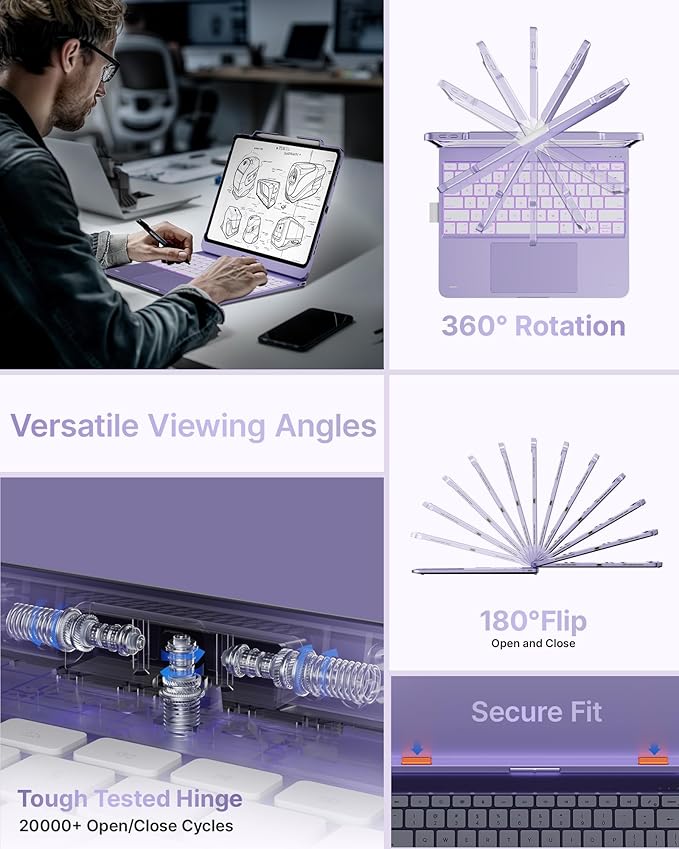 typecase Touch Case with Keyboard for iPad Pro 13"(M5/M4, 2025/2024), iPad Air 13"(M4/M3/M2, 2026/2025/2024) & iPad Pro 12.9", Trackpad, 360° Rotatable, 11-Colors Backlit, Pale Purple