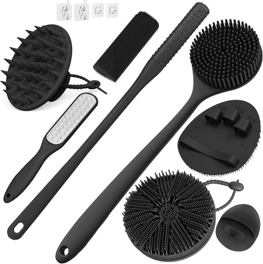 Silicone Back Scrubber Set - 8 PCS Body & Foot Cleaning Brushes | Scalp Massager & Shower Tools with 4 Hooks - Black