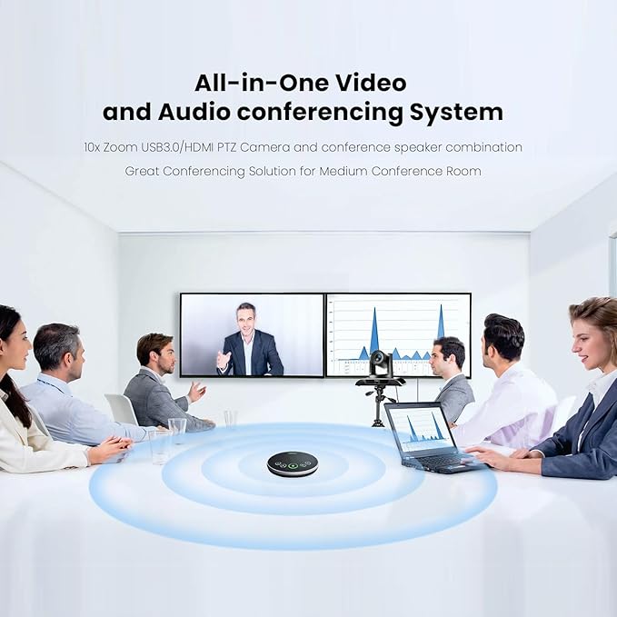 12x Zoom Conference Room Video Camera System, Al Auto-Tracking HD 1080P 60fps 12X Optical Zoom USB3.0 HDMI PTZ Camera 75° FOV and Bluetooth Conference Speaker with Microphones Bundle for Medium Room