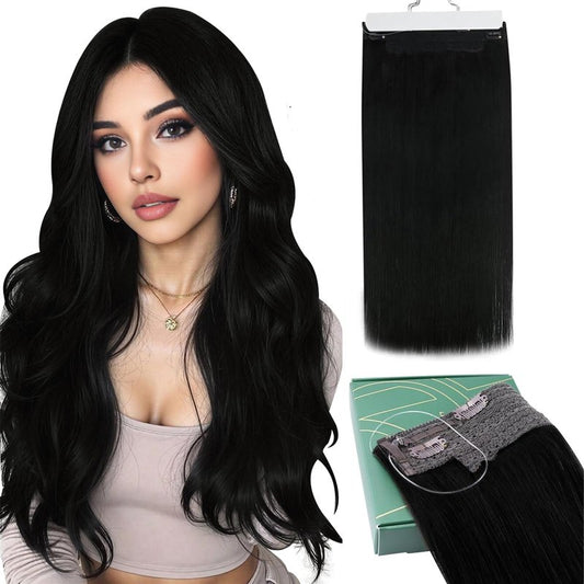 Ugeat Wire Hair Extensions Jet Black, Invisible Wire Hair Extensions Real Human Hair Jet Black, Natural Looking for Women Thin Hair Short Length 12 Inch 70g