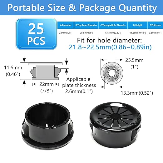 BOPOREAE 25 Pcs Cable Grommet, Snap Bushing 7/8" (22 mm) Mounting Diameter, Flexible Petal-Shaped Buckle Round Nylon Desk Grommet for Wires Through Countertop Cord Organizer and Protection, Black