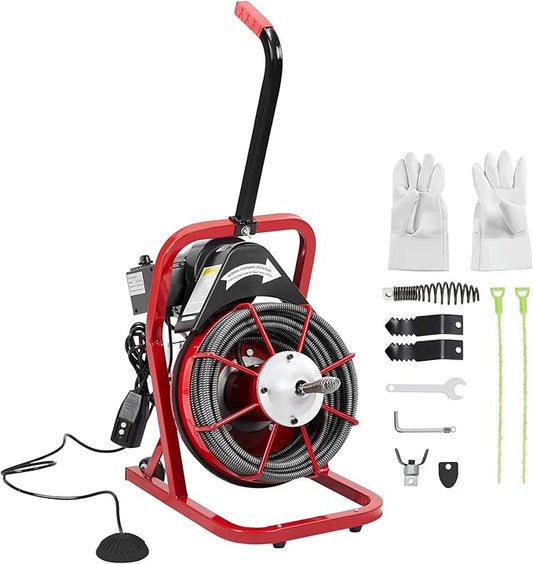 Drain Cleaner Machine 75FT x 3/8 Inch, Professional Sewer Snake Auger, 4 Cutter Blades, Air-Activated Foot Switch, Gloves, Portable Plumbing Tool for 1"-4" Pipes, Bathroom, Kitchen, and Sewer Clog