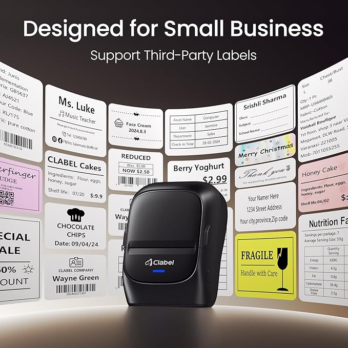 CLABEL Label Maker Machine with Tape, 221B Thermal Bluetooth Label Printer 2 Inch Portable Barcode Inkless Sticker for Small Business, Retail Office,Office, Home, Came with 1 Roll Label (Black)