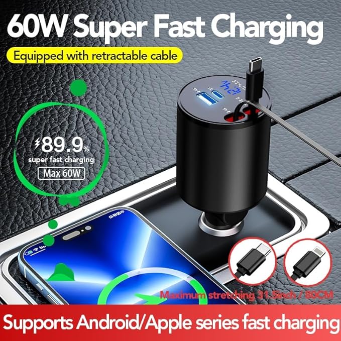 Retractable Car Charger,5 in 1 PD Car Phone Charger with Bluetooth 5.3 FM Transmitter,Handsfree Call and MP3 Player,2 Retractable Cables and USB Charging Adapter for Cars Phone,Galaxy,Pixel(Black)