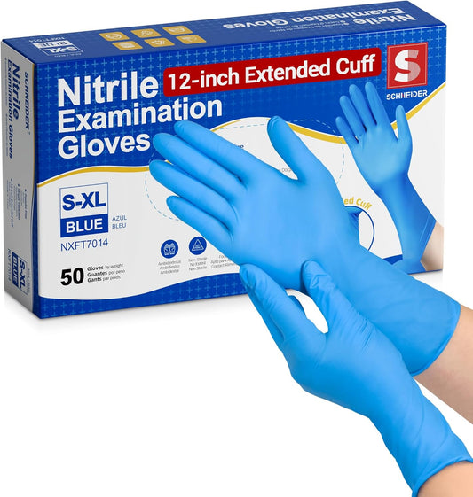 Schneider Nitrile Exam Gloves - 12-Inch Extended Cuff, Small, 50-Count | Latex-Free, Powder-Free, Blue
